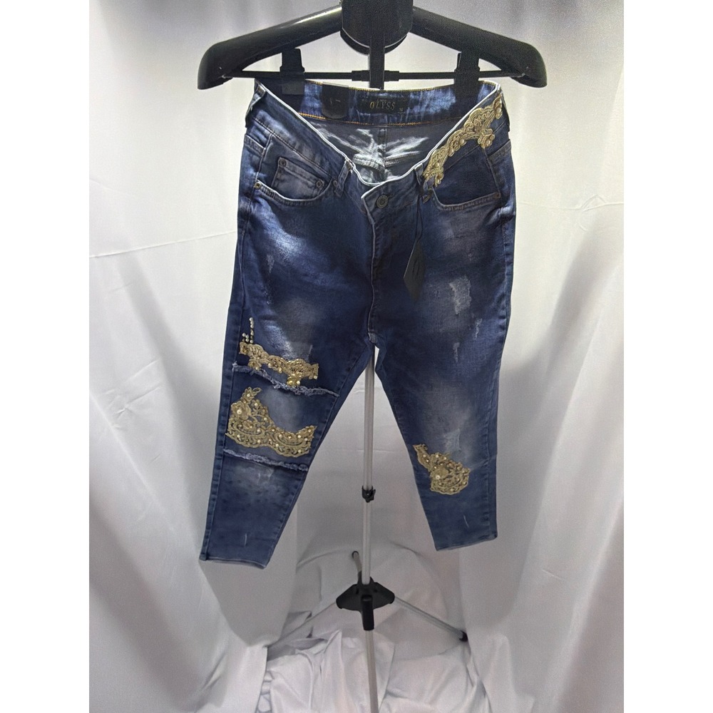 Olyss New York Womens Distressed Gold Lace Applique Skinny Jeans Blue Size 10